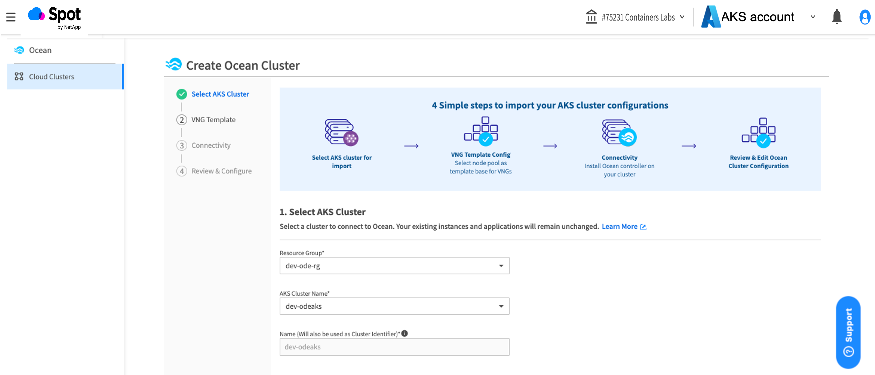 Ocean AKS Create Cluster wizard