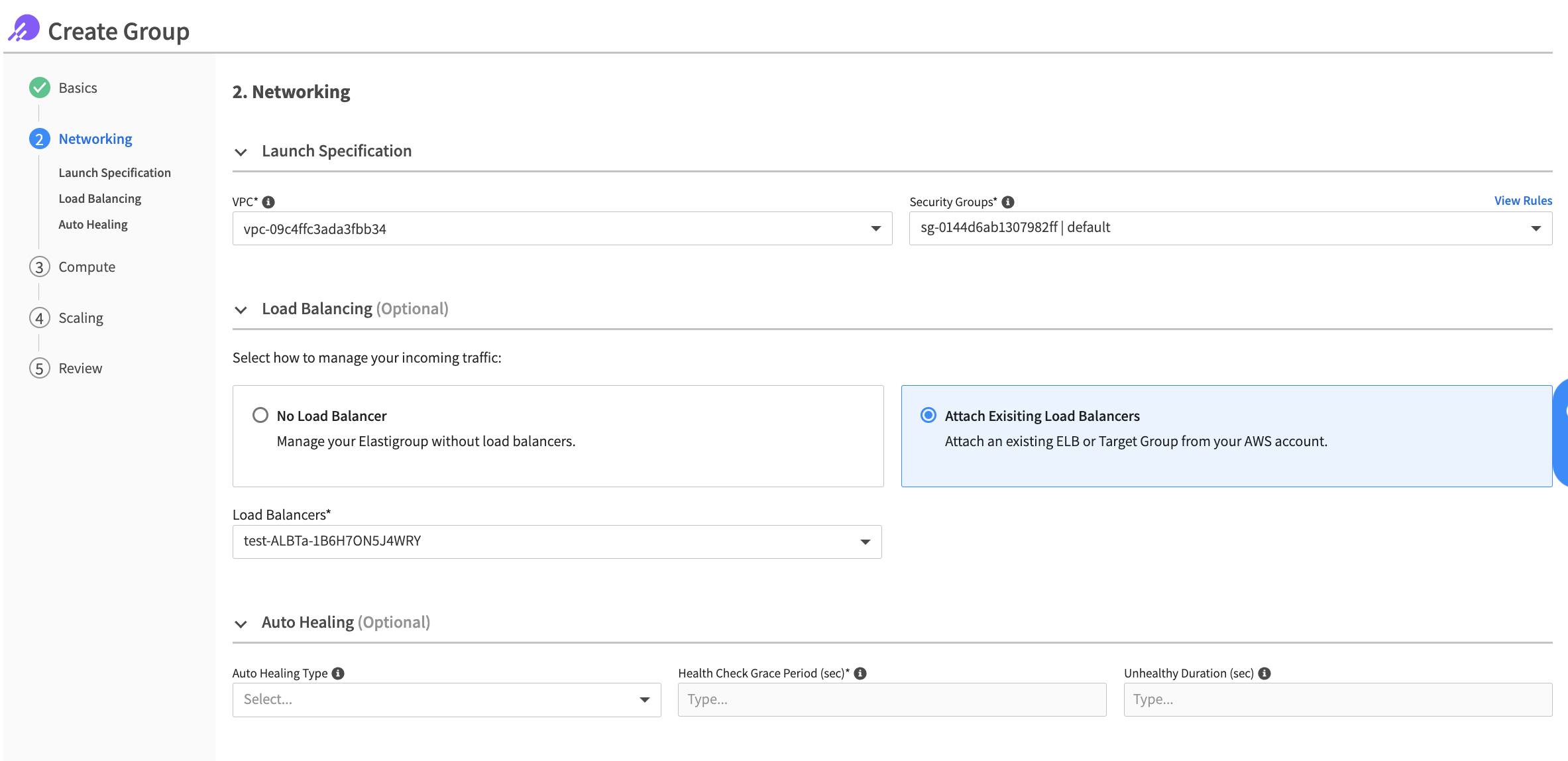 Elastigroup - create a group networking screen