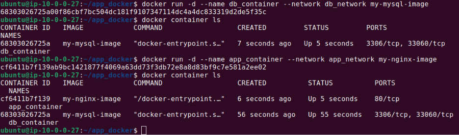 Example terminal output for Docker container segregation commands